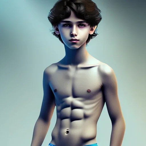 beautiful, slender, 10 year old arabic boy with very long curly hair and light blue eyes, shirtless