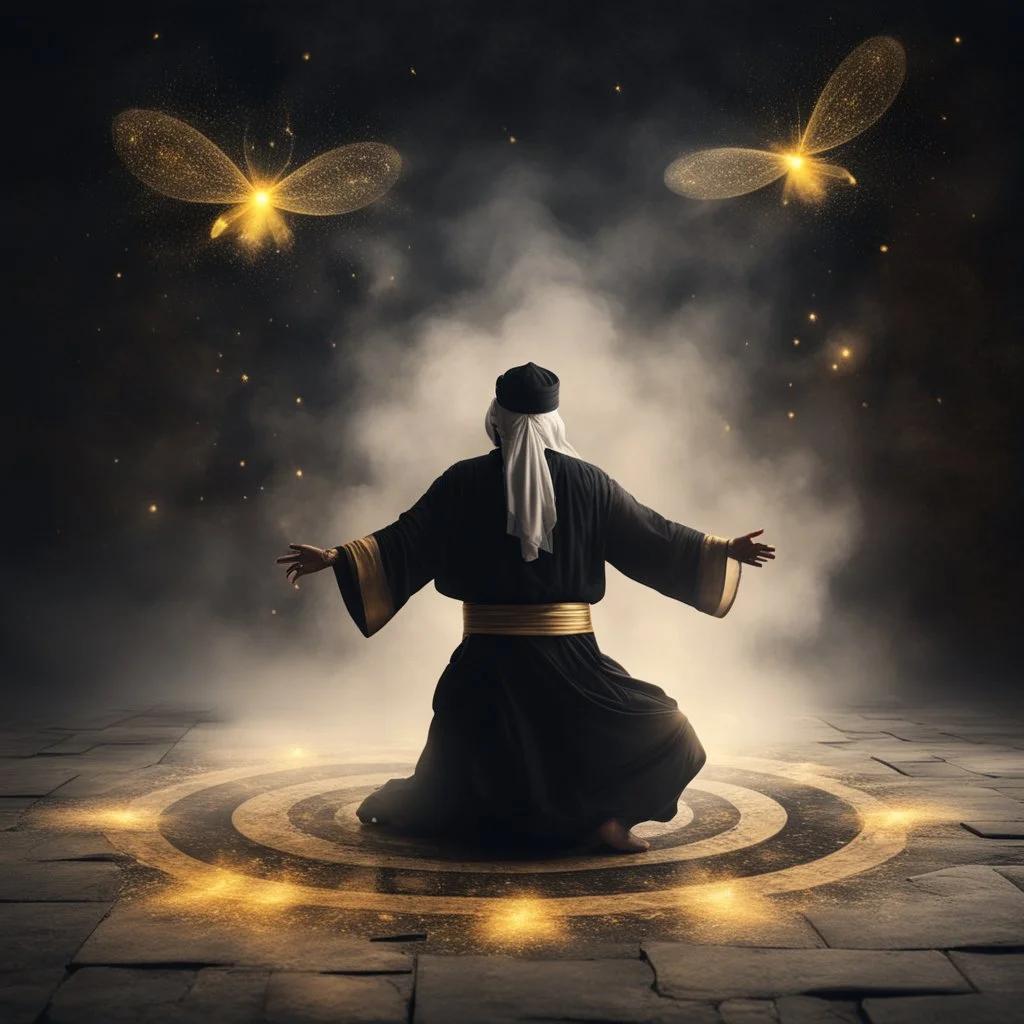 Hyper Realistic Sufi Whirling on stone floor with black & Golden Islamic Sufi Rustic Grungy Background with heavy fog & fireflies at dark night