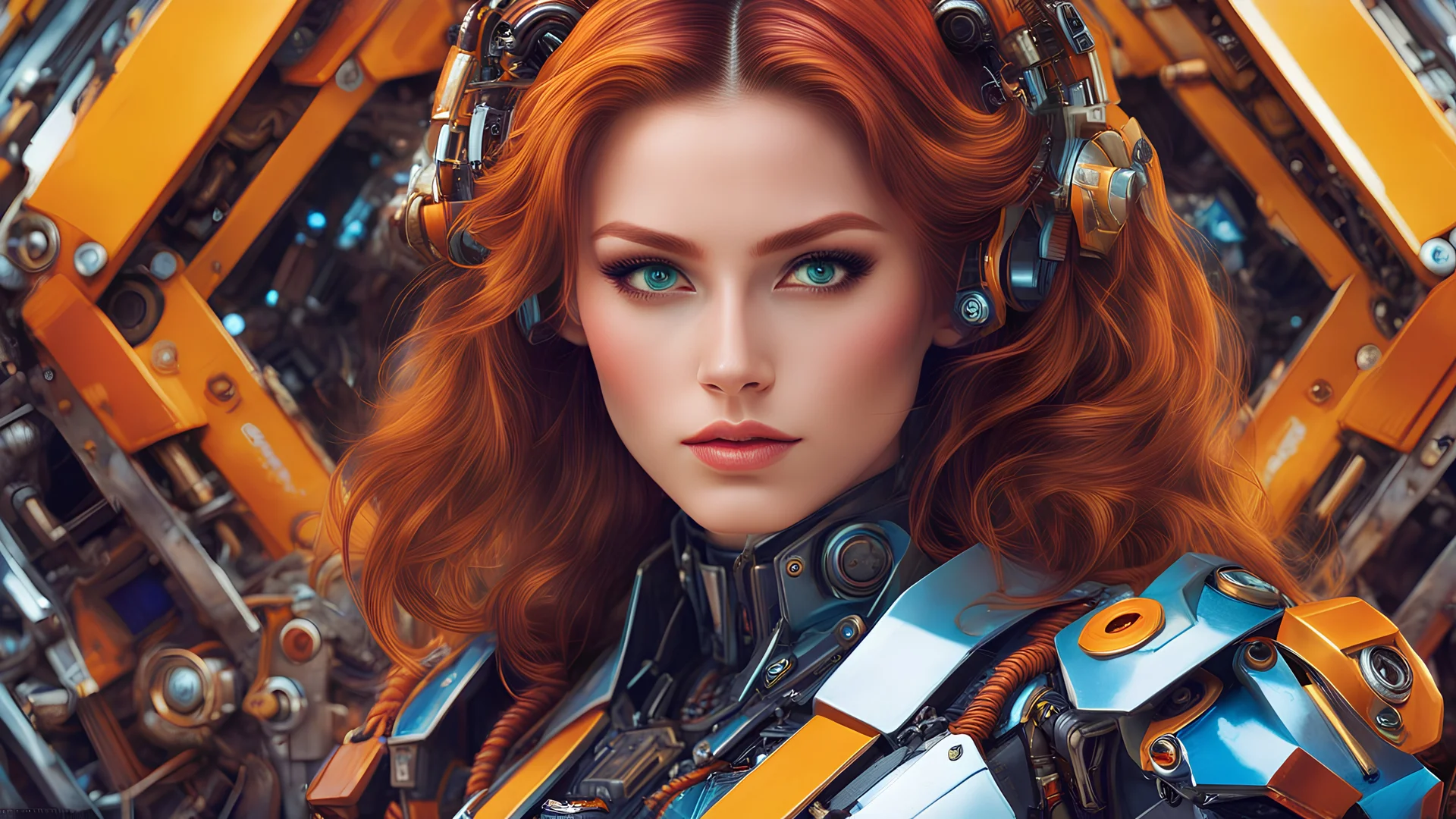 colorful chaos, vivid colors, striking visual design, 1 girl, adult woman, stunning, hazel eyes, auburn half-up half-down hairstyle, portrait, solo, upper body, looking at viewer, detailed background, detailed face, (1970retrofuturism, 1970s theme:1.1), android, cyborg, mechanical limbs, mechanical eyes, wires, advanced technology, dynamic pose, emotionless