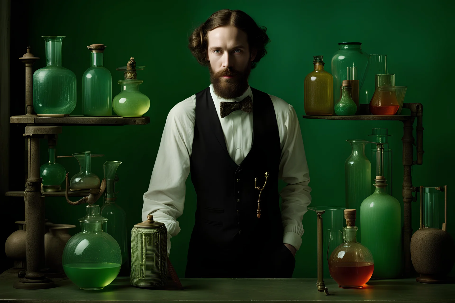 A Richard Gerlst fashion portrait for Vogue features a 1920 europian scientist beardy fit actor John Krasinsky age 25, looks at the camera at full height, wears old-fashioned Eiko Ishioka design. He works with fluorescent potion in glass bowls, in laboratory, paranormal art, avant garde pop surrealism, dark intriguing nightmarish, fantasy, dark, moody, artwork by Gerald brom, bizarre art, abnormal behaviour, surreal, random and thought provoking, pop surrealism, ((art by Francis bacon)), surre