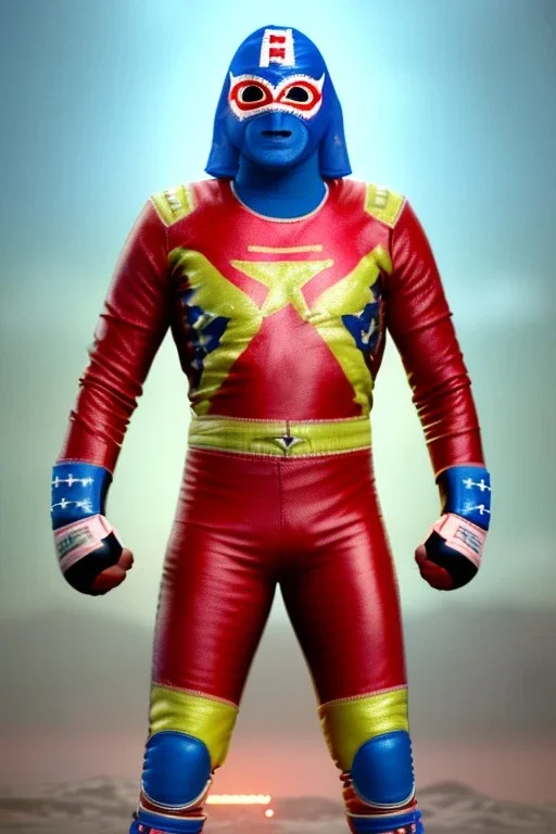 realistic image of joe biden as a mexican wrestling fighter posing, Mexican eyes wrestling mask, red and blue breeches, retro style, 80s, vibrant color, highly detailed, sky background, concept art, unreal engine 5, god rays, ray tracing, RTX, lumen lighting, ultra detail, volumetric lighting, 3d, finely drawn, high definition, high resolution.