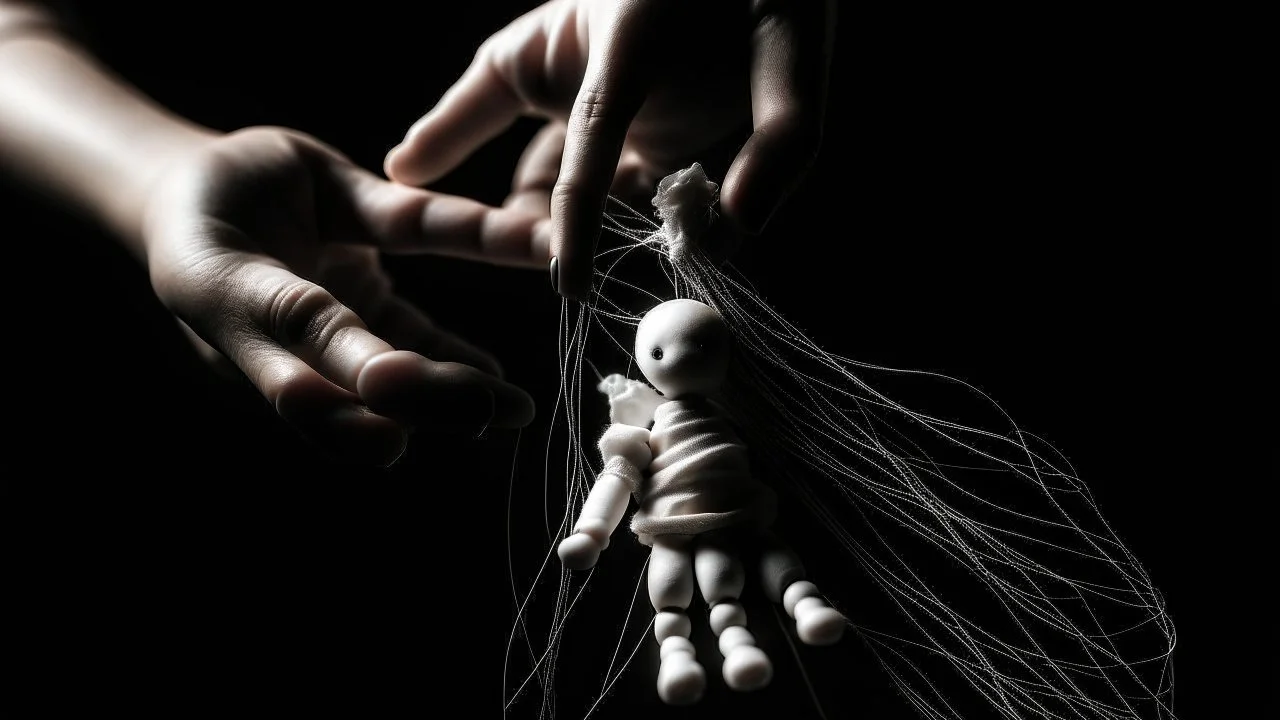 في الصورة، تظهر يد بشرية تمسك بخيوط دمية. اليد بيضاء ناصعة، بينما الخيوط سوداء داكنة. تمسك اليد الخيوط بإحكام، مما يوحي بسيطرة اليد على الدمية. تقف الدمية في الخلفية، وهي غير مرئية تمامًا. لا يمكن رؤية سوى الخيوط السوداء التي تمتد من اليد إلى الدمية. هذا يخلق إحساسًا بالغموض والتشويق. الصورة مأخوذة من زاوية عالية، مما يخلق تأثيرًا مهيمنًا لليد. هذا يوحي بأن اليد قوية وفعالة. الصورة ذات خلفية مظلمة، مما يخلق جوًا غامضًا ومثيرًا للاهتمام. هذا يعزز الموضوع العام للتلاعب، والذي غالبًا ما يرتبط با
