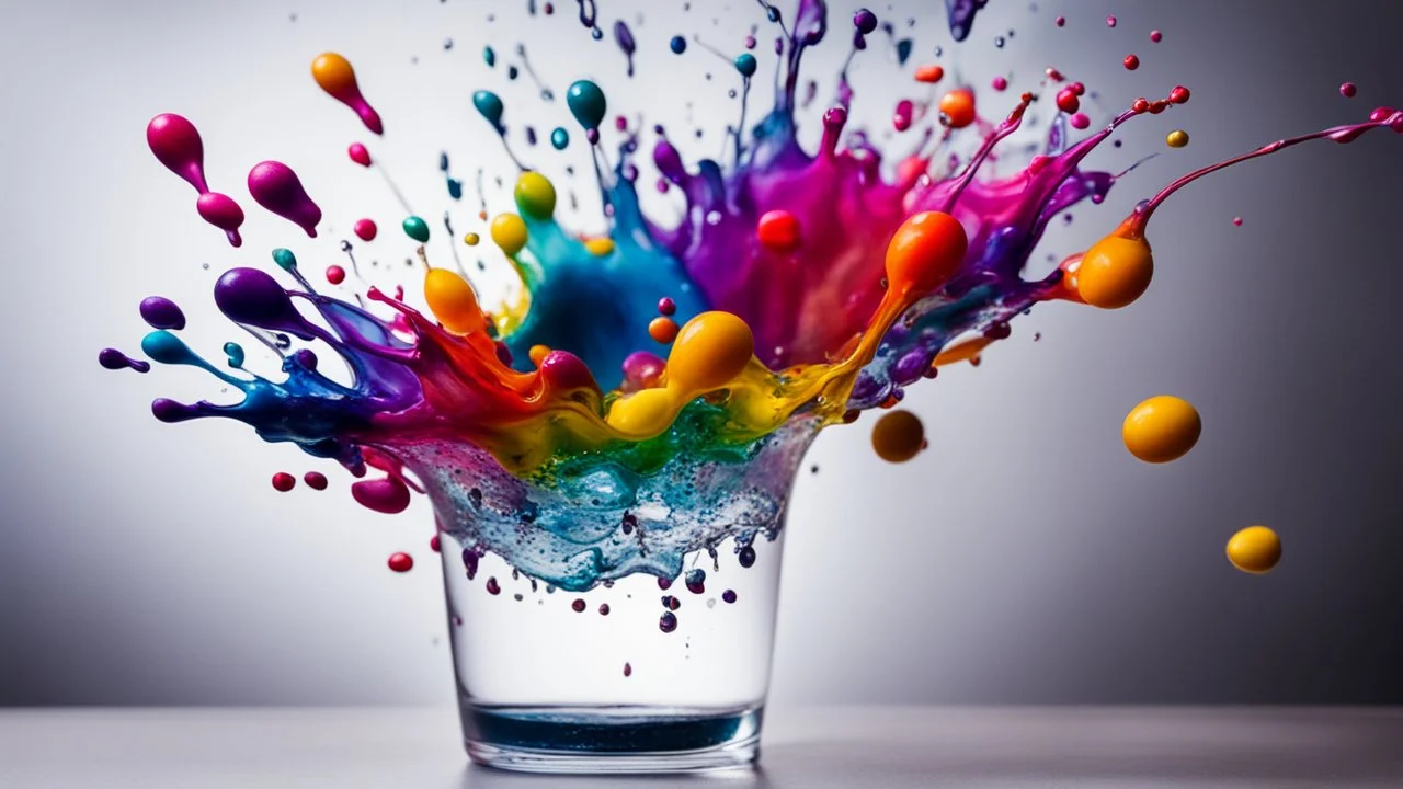 Multicoloured ink drops diffusing gently into a glass vessel full of water