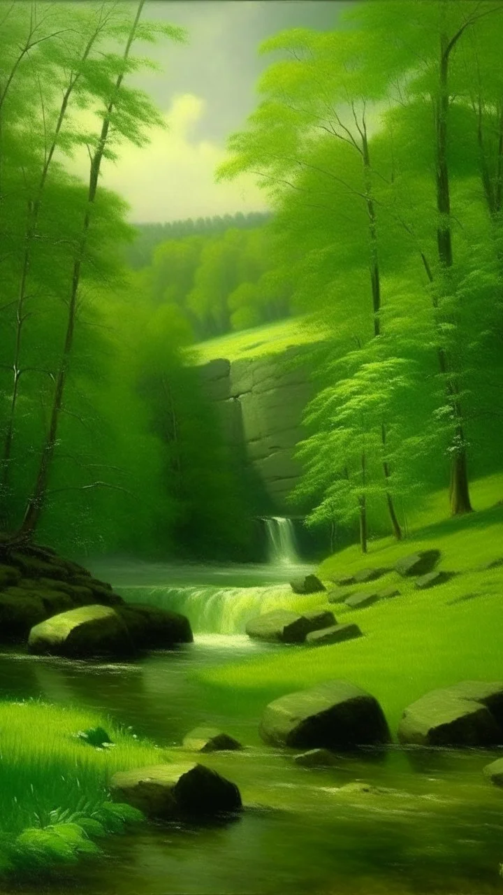 Lime green woods with a waterfall and a river painted by George Inness