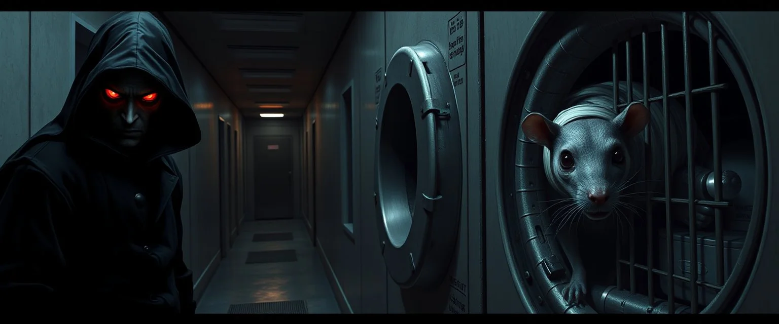 4️⃣ Evil NPC Emerges "A menacing human in shadowy uniform with glowing red eyes prowls the corridor. Giant mummy rat peeks cautiously from a maintenance hatch, tense and sly. Bandages flutter slightly as it moves. Caged rat visible in a nearby lab, stasis pod faintly glowing. Dramatic Rembrandt-style lighting with expressive eyes, mood: fear, alertness, cunning."