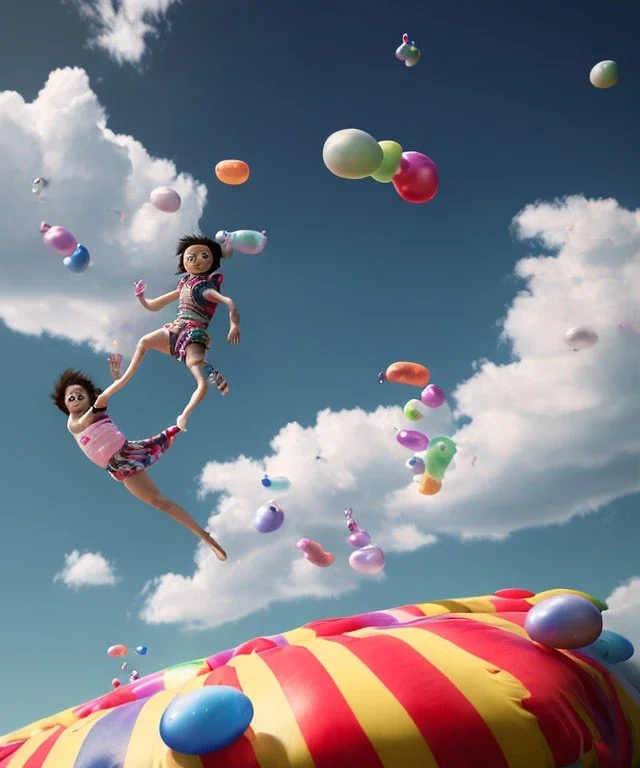 Ultra realistic speed clouds sky scene, wide angle view, child falling down with many Children background, inflatable monsters, circus dress style, feather color, free jumping flying, many trinkets, hair monster, many jelly beans, balls, color smoke, smile, happy, extreme, wind, clouds sea, 20,000 feet altitude, stratosphere, soft color, highly detailed, unreal engine 5, ray tracing, RTX, lumen lighting, ultra detail, volumetric lighting, 3d, finely drawn, high definition.