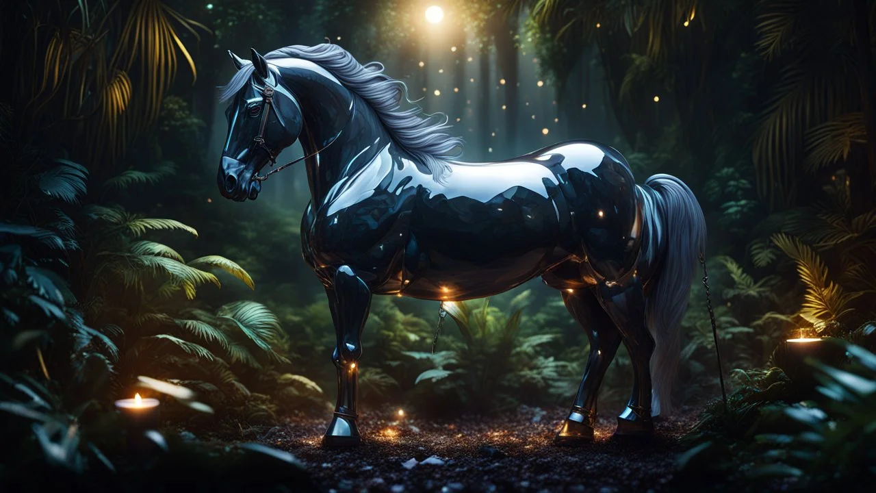 Hyper Realistic Crystal-horse-with-glowing-golden-horn inside a jungle at dark night showing dramatic & cinematic ambiance.