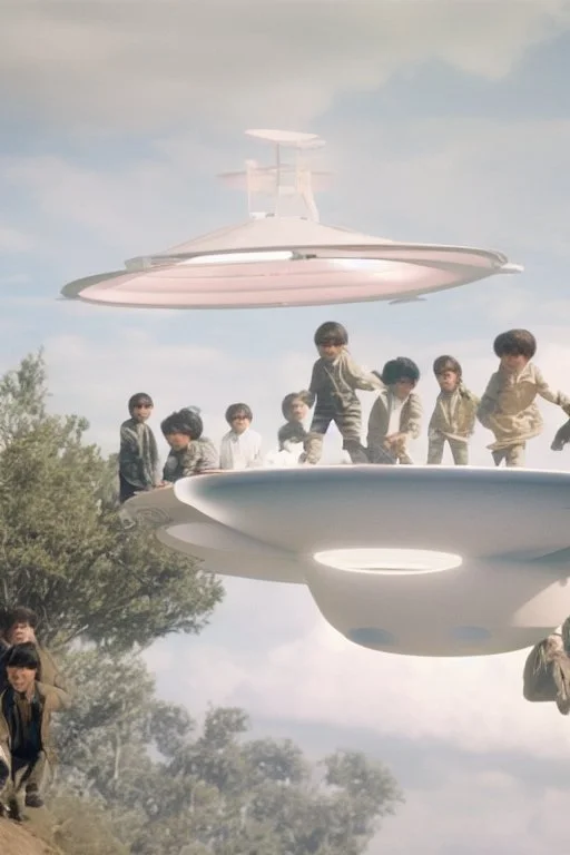 school kids see ufo 1966 in color, concept art, by Asaf Hanuka, by Weta Digital, Electric Colors, Screen Space Global Illumination, in a symbolic and meaningful style