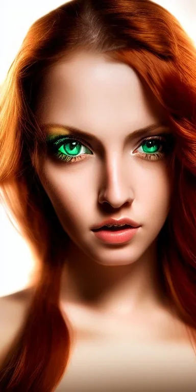 Studio portrait photo of a sexy and seductive woman age of 27, green eyes, red hair,very detailed face, studio lighting, fantasy, golden ratio, sharp focus color, corrected hyper detailed pino daeni