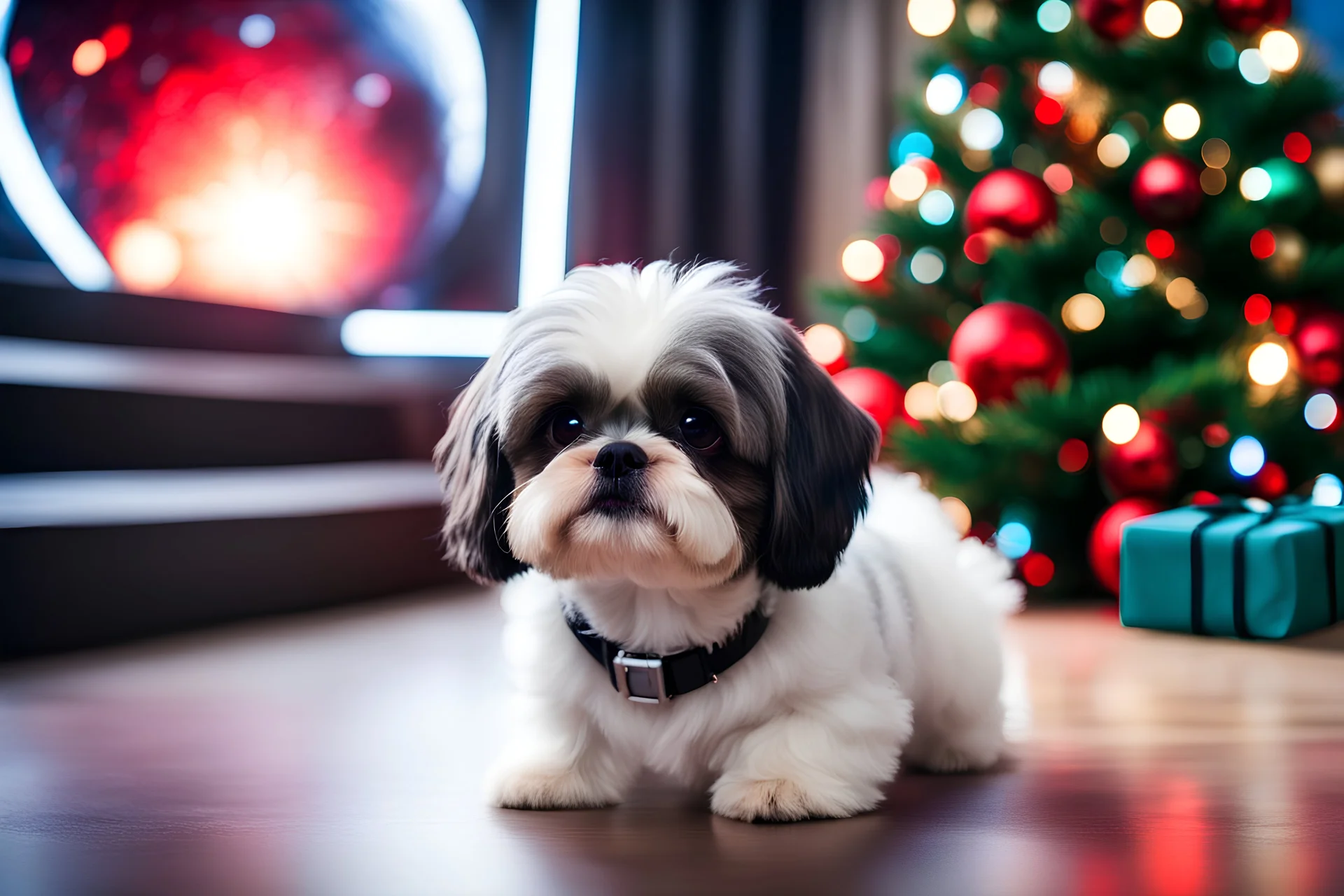 fluffy large eyed baby dog shih-tzu sith lord in the big hall in second death star with few space ships and a view to a star wars planet, and christmas tree and sith gifts, cinematic eye view