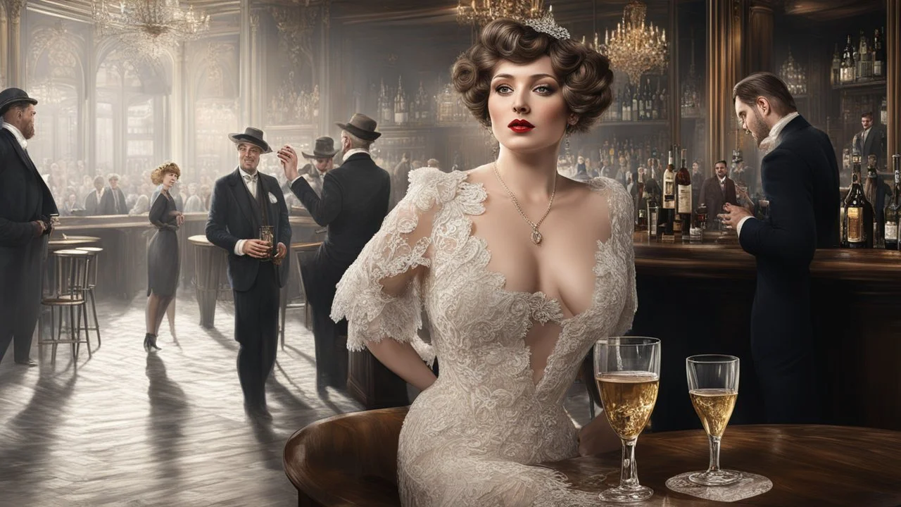 corrupt Woman 30 years old in a bar in Paris, drunk, whiskey, champagne, drinking, lace, 1917, men, audience, full-length drawing, 3d, 64k, high resolution, high detail, fine rendering, computer graphics, hyperrealism, f/ 16, 1/300 s. digital painting,