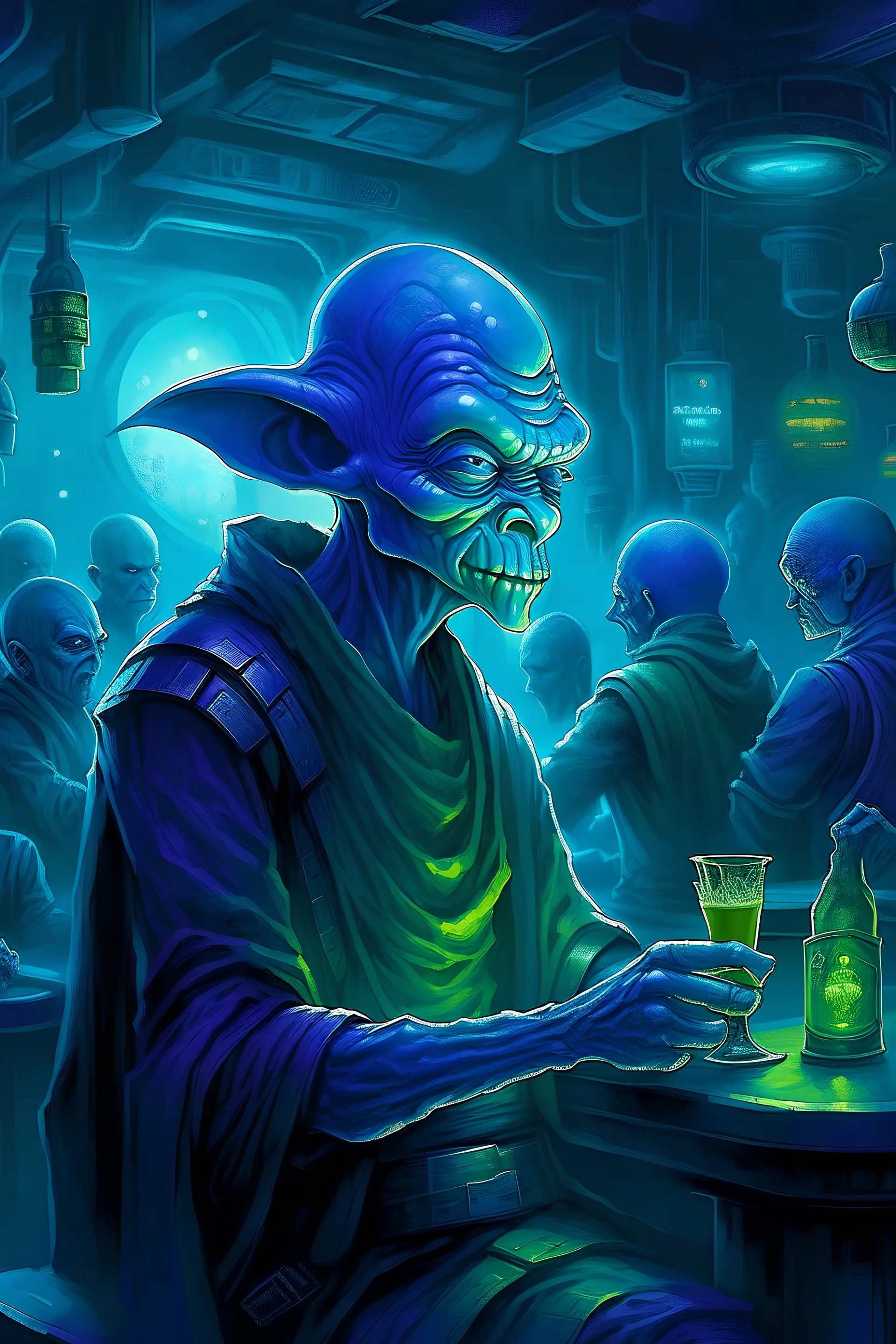 blue-skinned alien mystic in star wars cantina, illustration