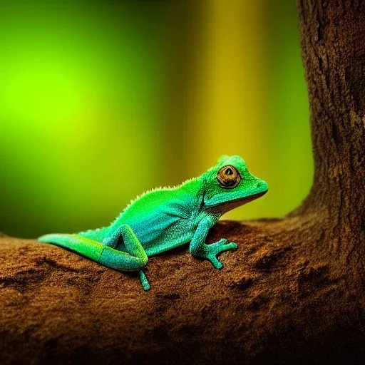 cute baby chameleon in a glowing enchanted forrest, view from the distance, cinematic, HDR, 8K, extremly detailed