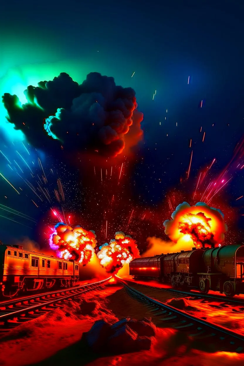 train dark sky with explosions
