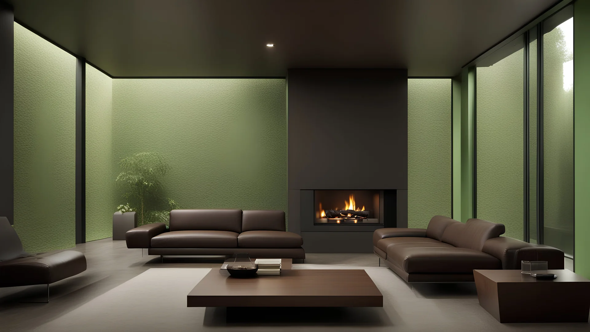 Sala grande moderna e minimalista, parede castanho e verde claro mate e madeira, sofá castanho escuro em pele, lareira,Janela grande, planta, jardim exterior