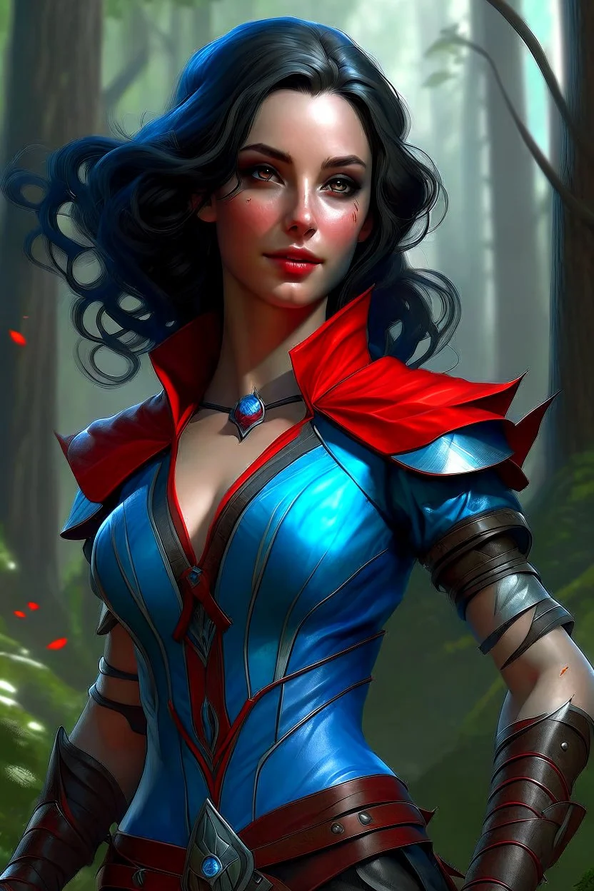 create an adult female air genasi from dungeons and dragons, black medium hair, light blue eyes, blue skin, wavy hair, wearing red leather clothing, very realistic, full body, digital painting, high resolution, forest background, a bit zoomed out