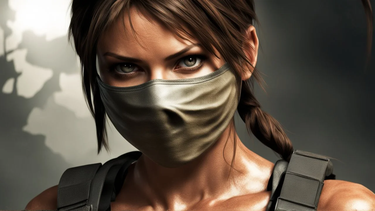 lara croft from tomb raider with a half face mask