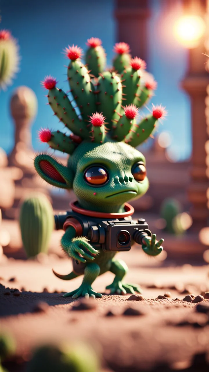 sad cactus alien gremlin firing cactus from a rocket launcher in high end palace,bokeh like f/0.8, tilt-shift lens 8k, high detail, smooth render, down-light, unreal engine, prize winning