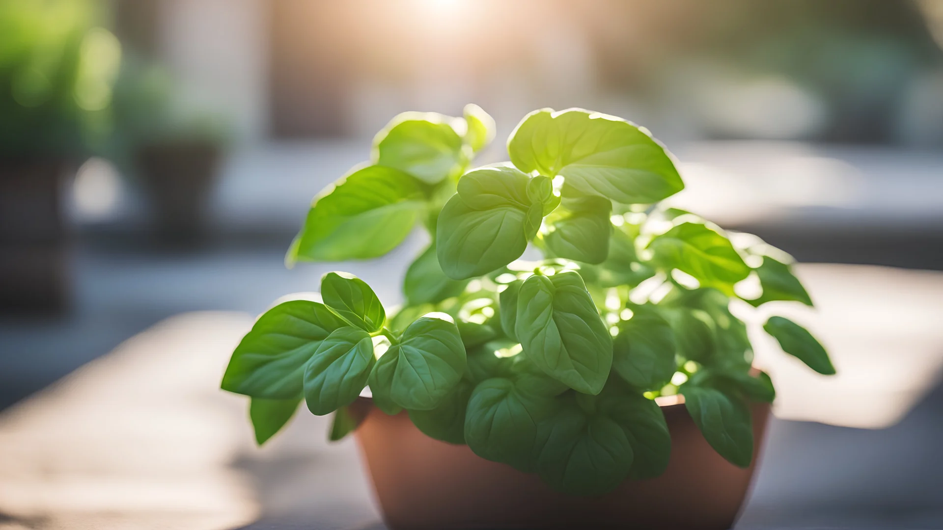 close up basil in pot, sunlight, blurred background