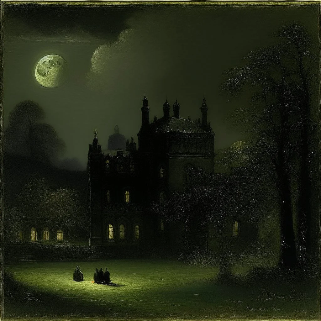 A black dark palace with a moon painted by George Inness
