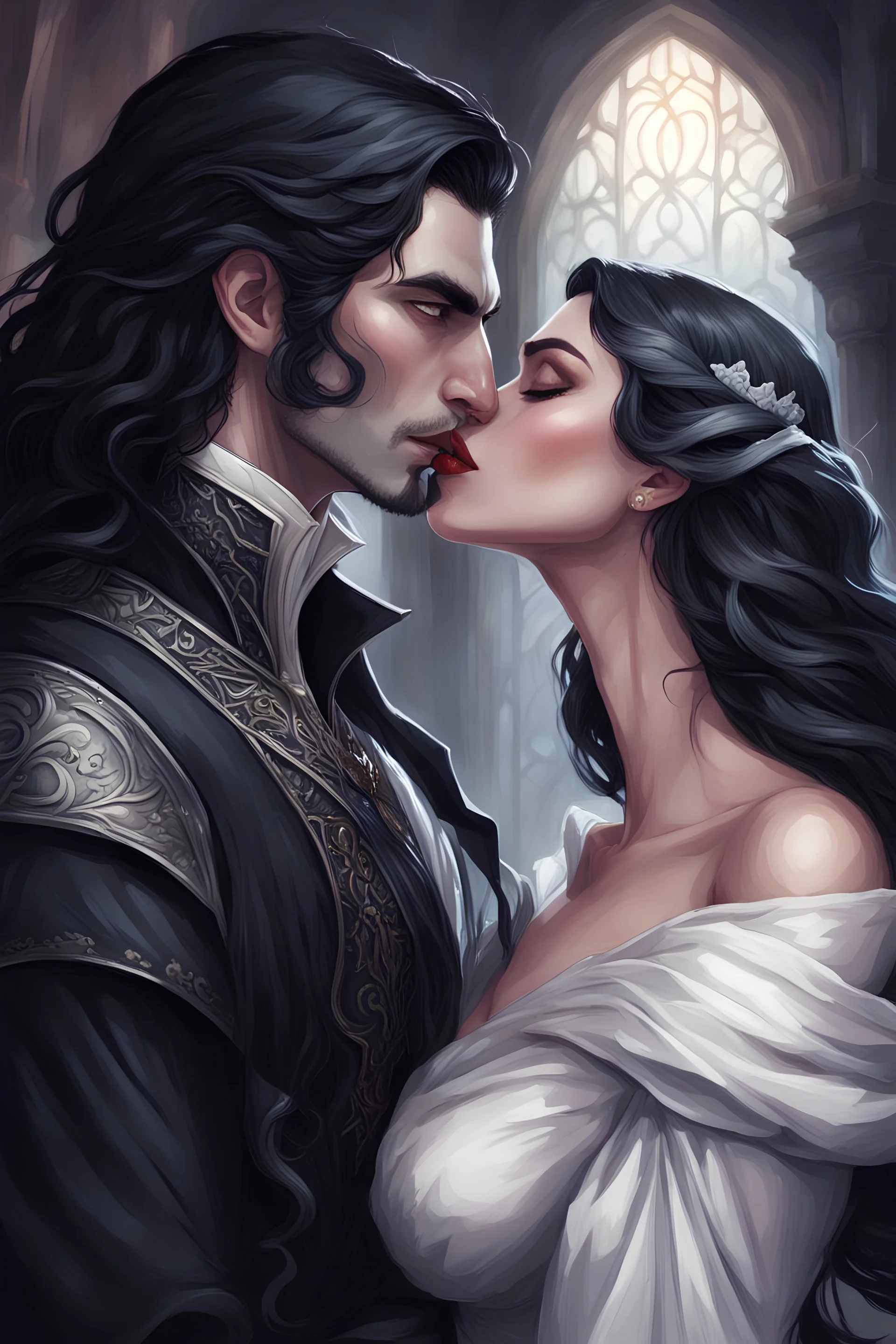 @Selene A couple from the dnd game curse of Strahd about to kiss but have not yet, fantasy style art, full color. She has long black hair that is wavy, and full lips. She is wearing an off the shoulder gown and is curvy and fuller figure. Strahd has black hair and white skin, and waring all black. very passionate. They are in a black castle. her gown is green but he is wearing black.