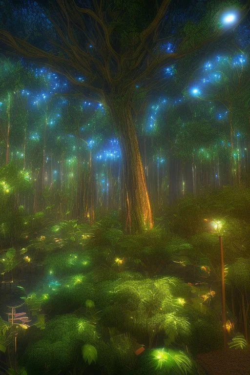 Canopy view tropical forest at night, with each tree emitting differrence colours bioluminiscene