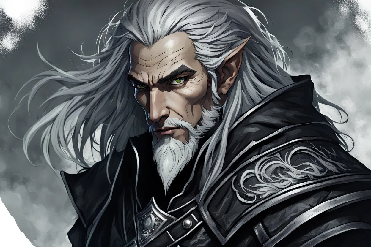 ancient grizzled, gnarled elf mage, he has long, grey hair streaked with black, highly detailed facial features, and sharp cheekbones. His eyes are black. He wears weathered medieval leather clothes. he is lean and tall, with pale skin, full body with thigh high leather boots and has a dark malevolent aura within swirling maelstrom of ethereal chaos in the comic book style of Bill Sienkiewicz and Jean Giraud Moebius in ink wash and watercolor