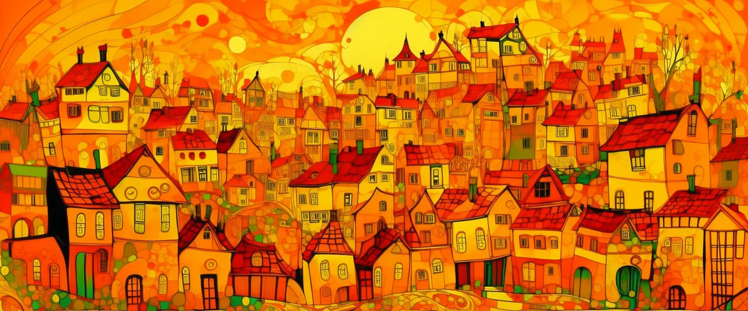 A golden orange colored town with funky music notes painted by Vincent van Gogh