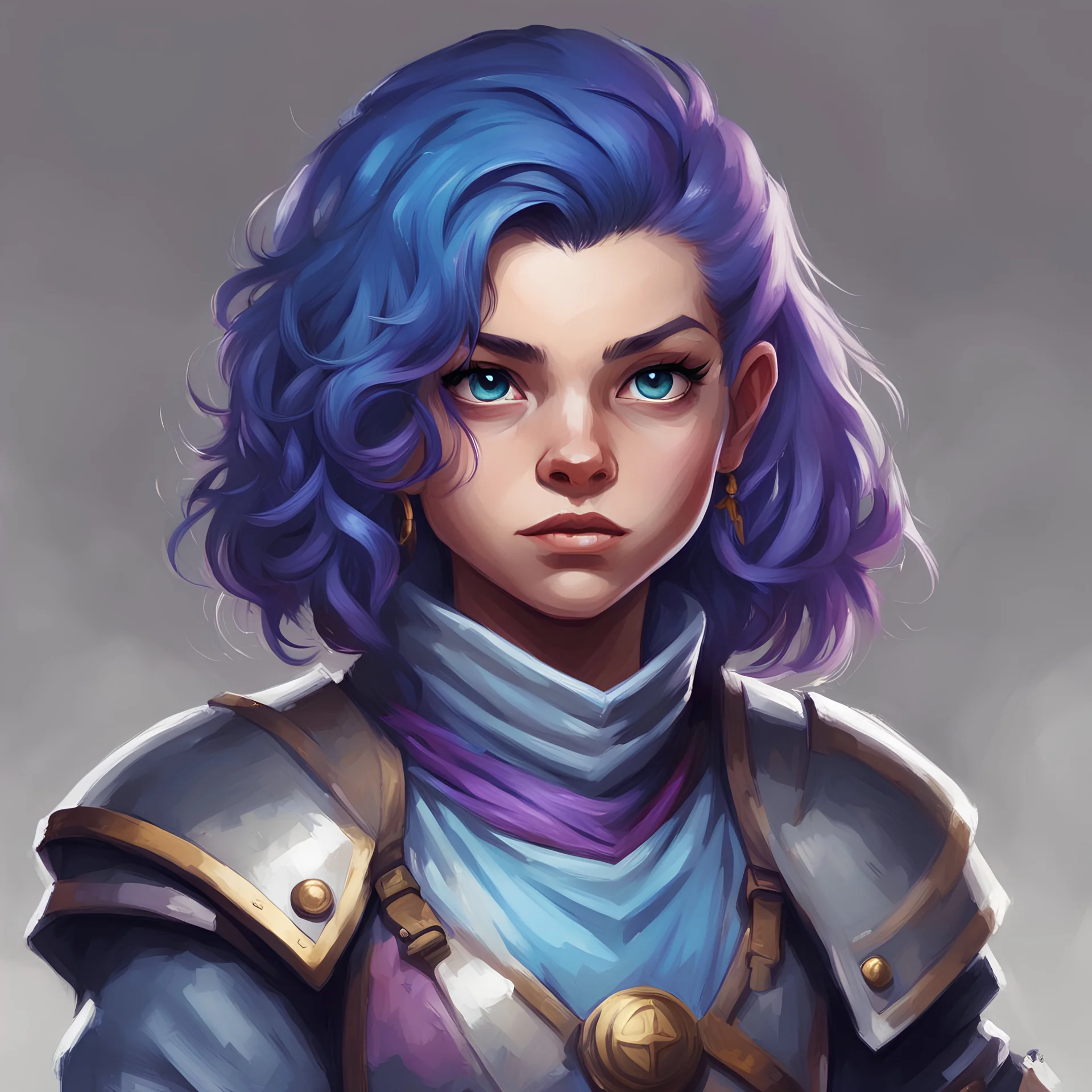 dnd, portrait of female halfling cleric, purpley blue hair.