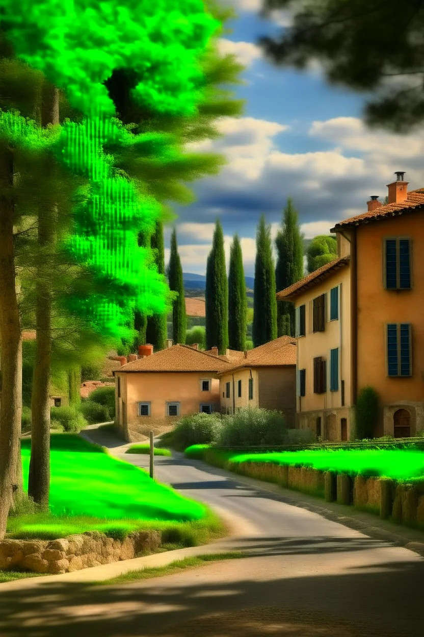 A realistic photo of a small Toscany town in late spring with trees and a surprising station in Henri Cartier-Bresson style