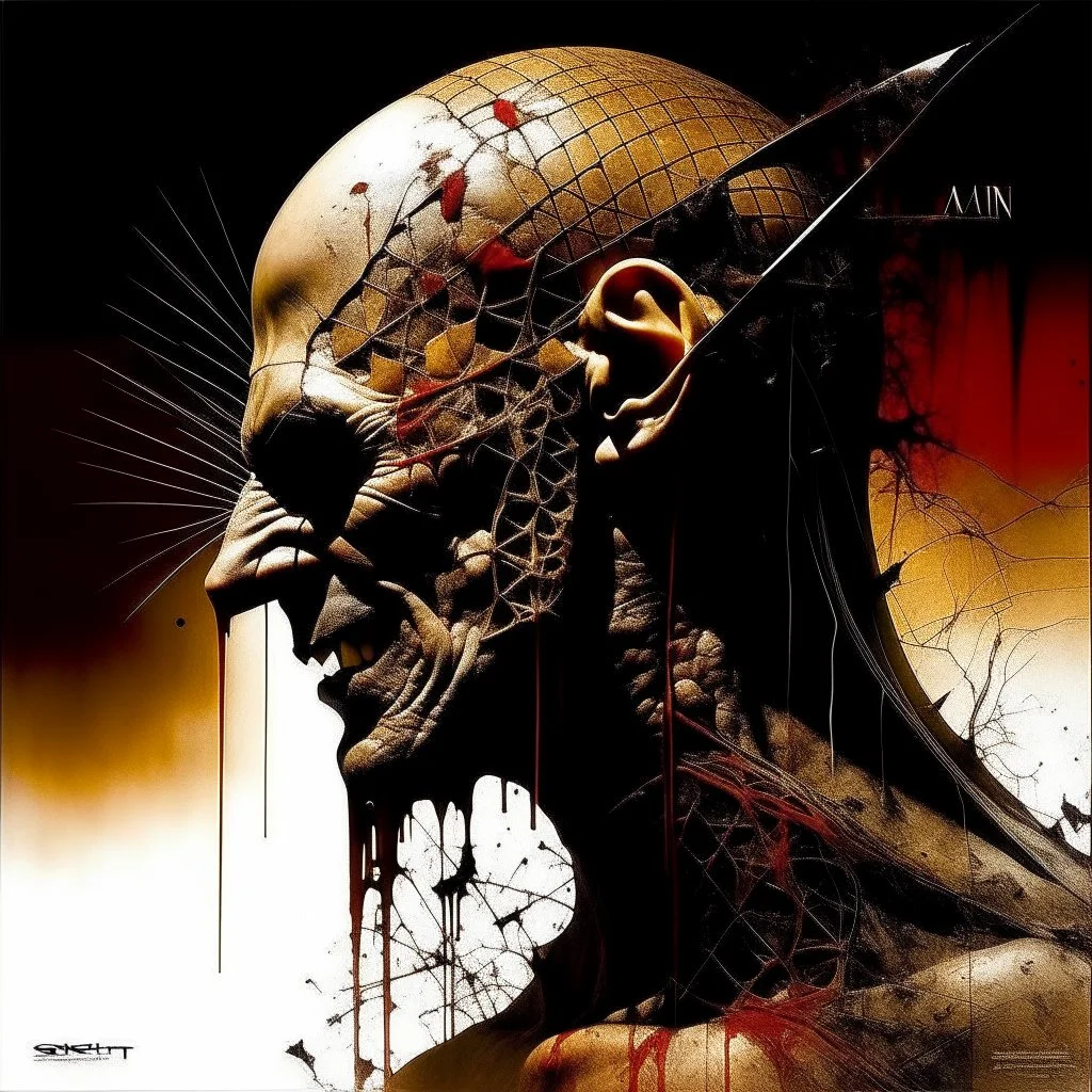 "SLAYER" heavy metal art illustration, (Release the slide to cleanse inside, Prepare to anoint, Snap the tongue in groove discharged, To make my hallowed point), double exposure, unsettling, surreal, sinister, profound, dramatic, by Dave McKean, text "SLAYER"