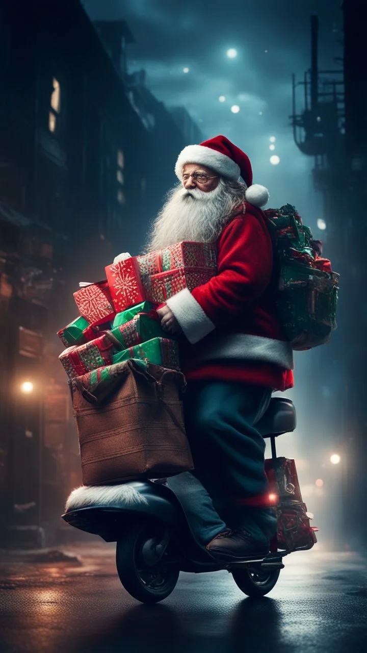 Si-Fi, Santa on a scooter carrying a bag of gifts on his shoulder,atmospheric lighting effects, intricate industrial details, moody atmosphere, eerie grimdark ambiance, complex motherboard accents, speculative fiction art. Bokeh