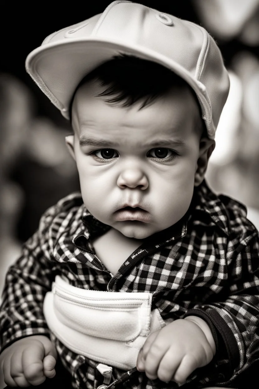 Portrait of an angry baby, fat stomach, diaper, mafia hat, sigar