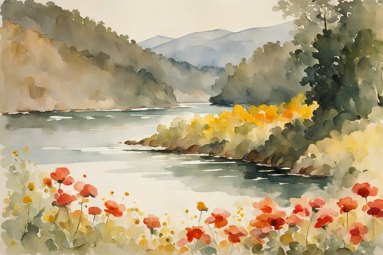 Sunny day, flowers, mountains, river, epic, winslow homer watercolor paintings