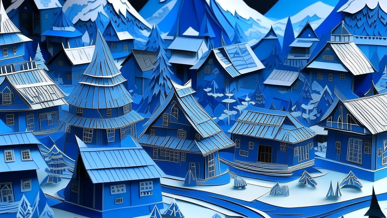 An indigo Viking village near a peak designed in Chinese paper art
