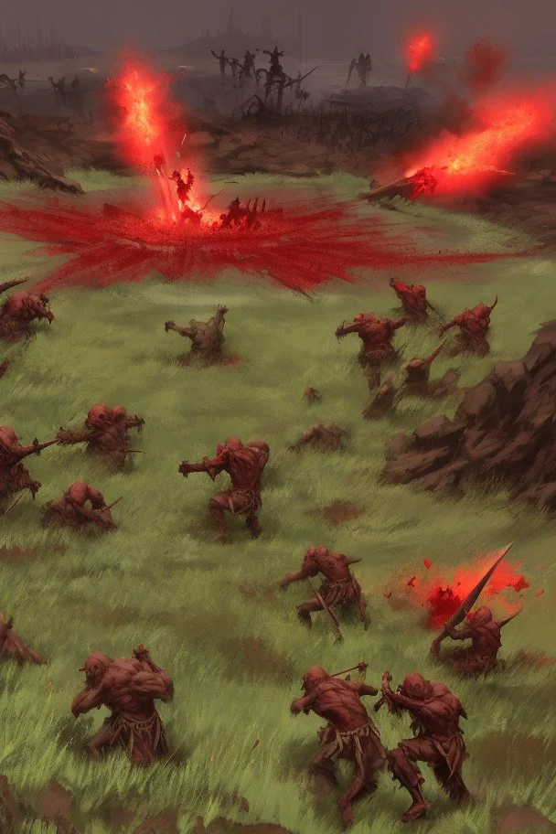 a red battle field with dead orcs