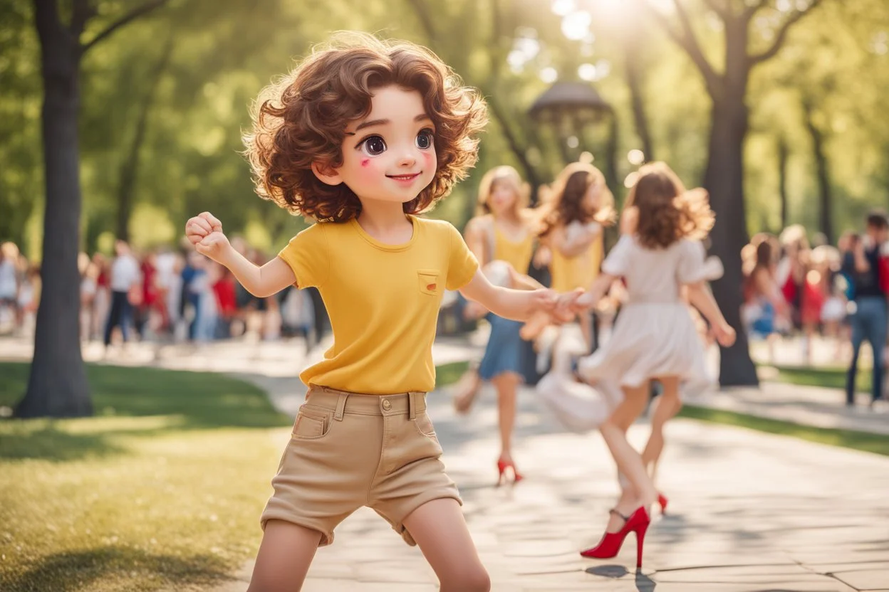 a cute chibi spanish man with short curly brown hair cropped at the back in yellow T-shirt and jeans with a cute chibi contented girl with long brown hair and brown eyes in a red elegant jumpsuit and red high heels, and a chibi girl with blonde brown hair in a beige dress dancing dynamically in Madrid in the Retino park, in sunshine, ethereal, cinematic postprocessing, airplane in the sky