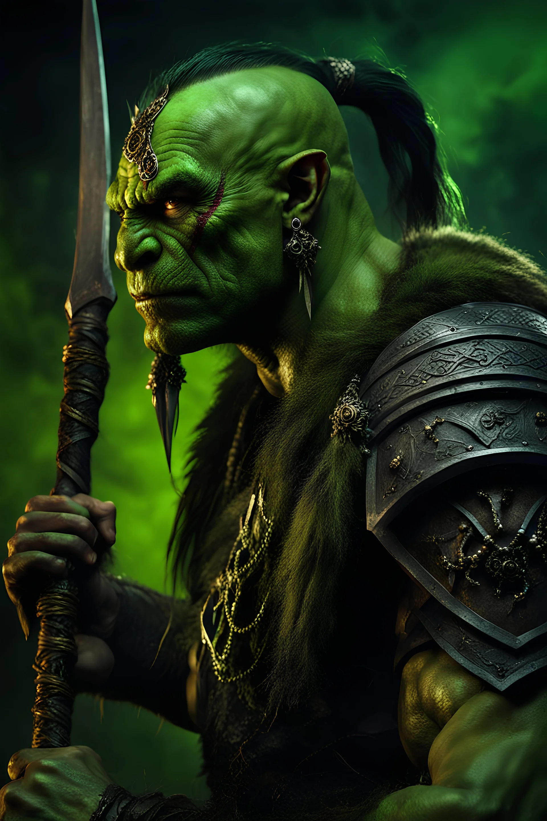 portrait of a green skinned orc warrior. braided hair. wearing ornaments. Carrying a battleaxe. High resolution. 4K. 8K. Fantasy style.