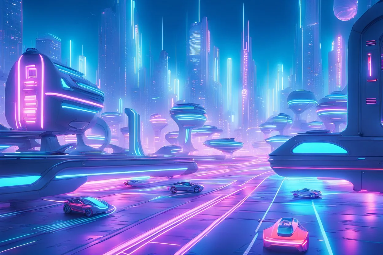 A futuristic cityscape at night with neon lights and flying cars.