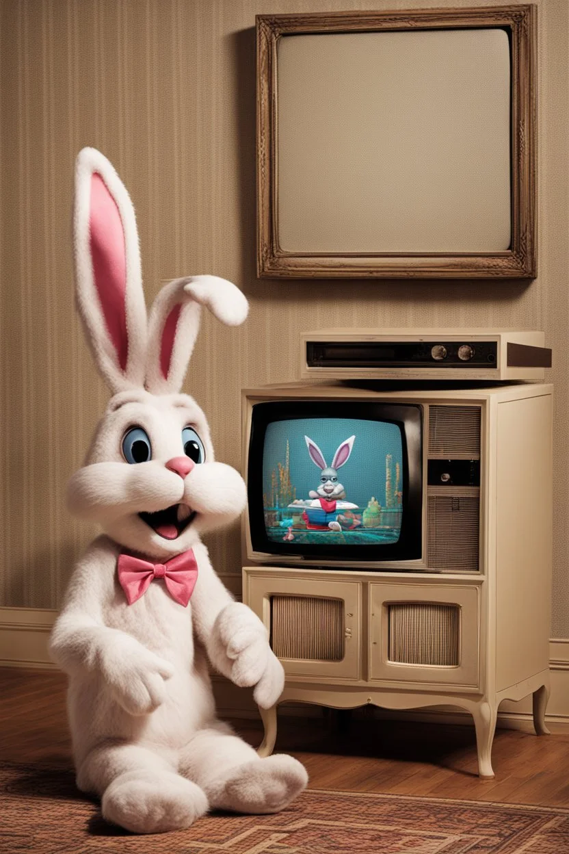 A photo of the easter bunny playing a video game in front of an old tv set