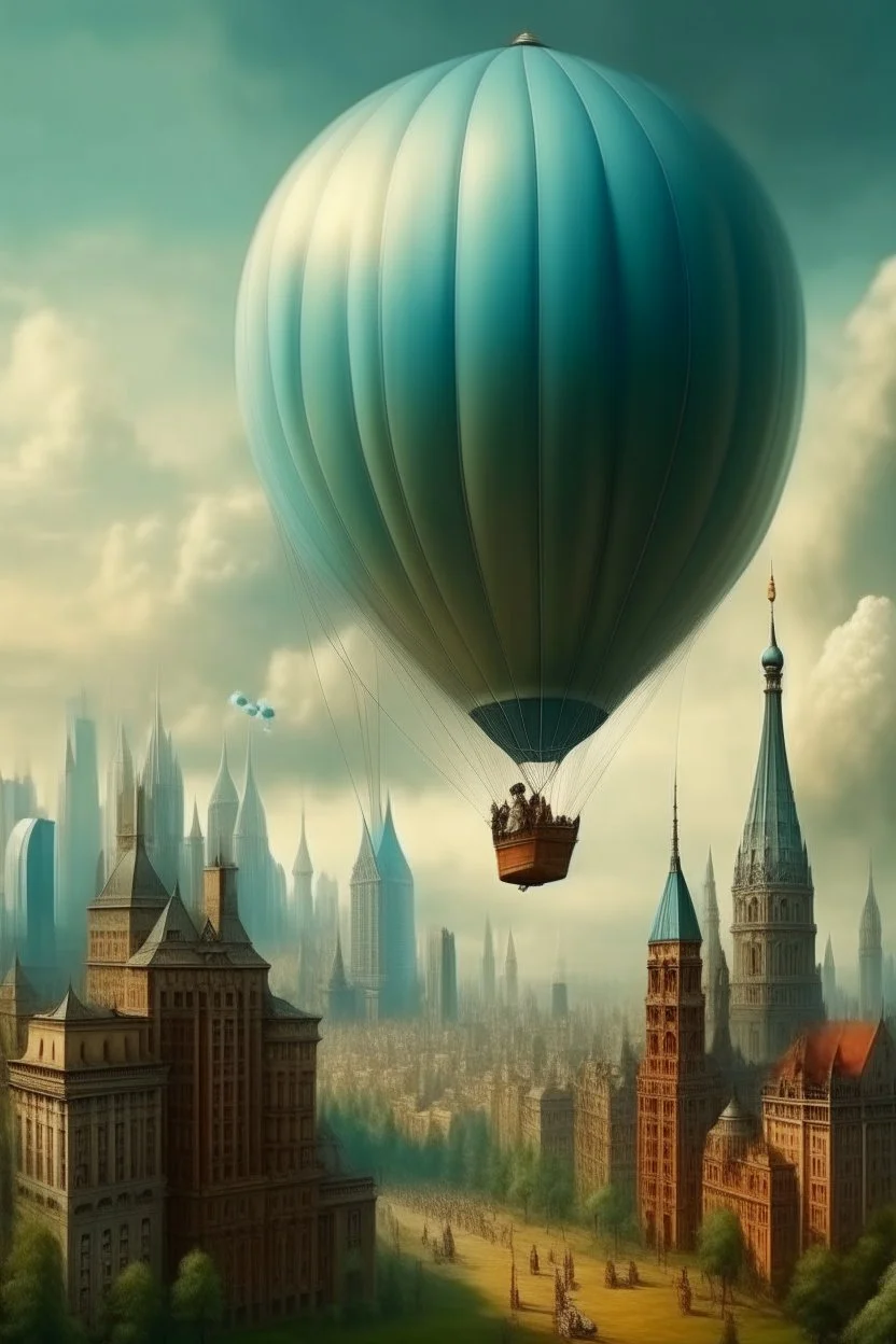 big city with riding balloon in the sky , Bosch painting style