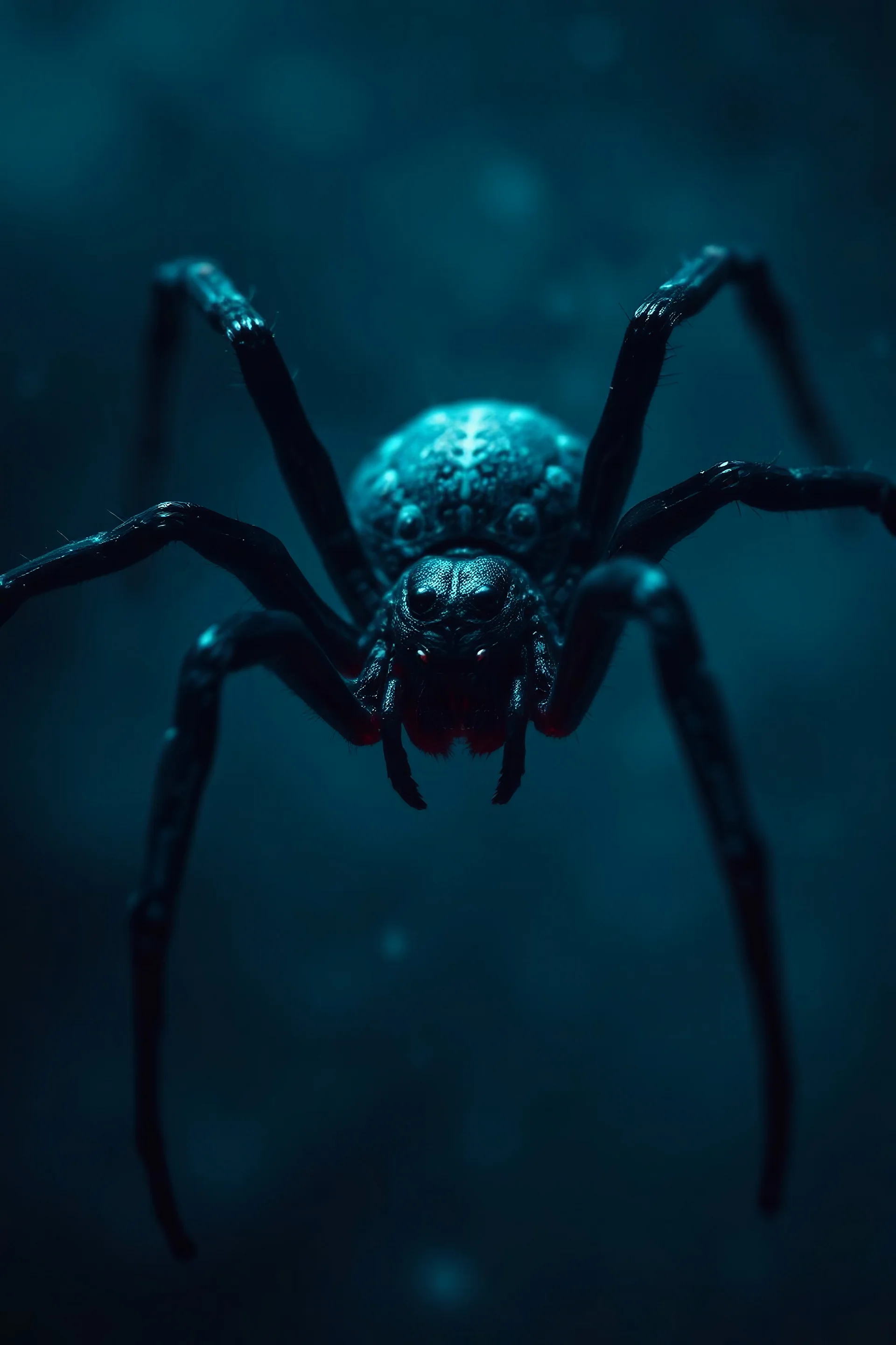 hyper realistic image of the most horrifying, creepiest 5 spider ever, with dark fog emanating, epic aesthetic, dark color grading, dark weather aesthetic, extremely terrifying, horror movie inspired, retro camera