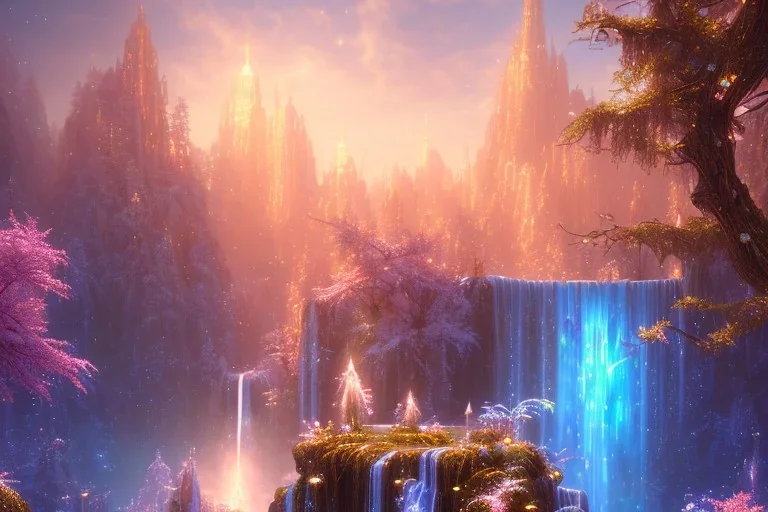  white and gold crystal cosmic ambiance，waterfall, full of details, smooth, bright sunshine，soft light atmosphere, light effect，vaporwave colorful, concept art, smooth, extremely sharp detail, finely tuned detail, ultra high definition, 8 k, unreal engine 5, ultra sharp focus