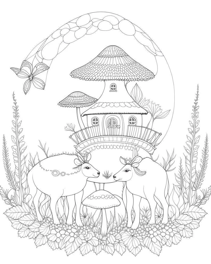 Coloring pages: deer with A magical mushroom haven, complete with whimsical fairy houses and enchanting toadstools.