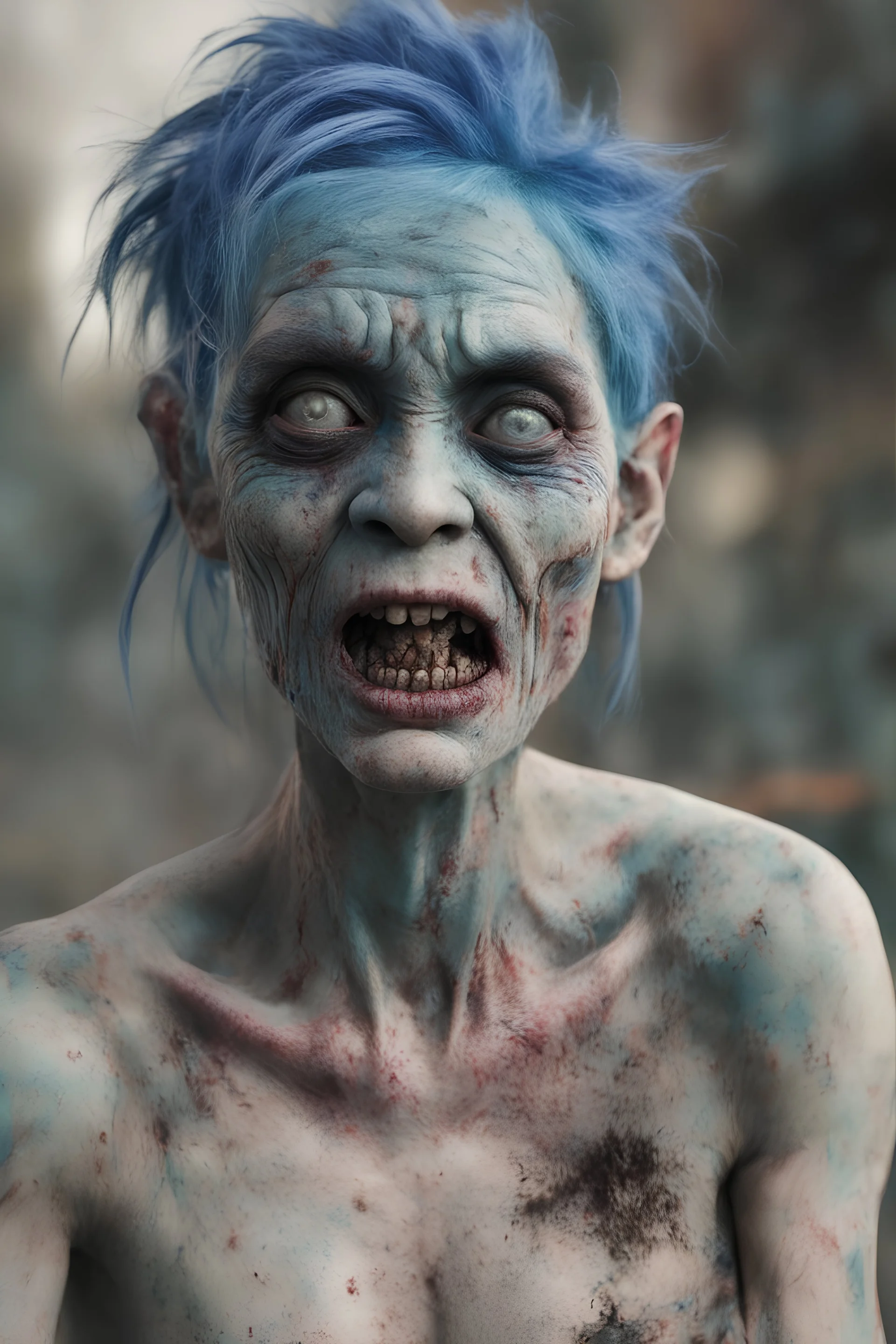 an ugly deformed abomination of an extremely anorexic fat girl with an amputated arm and an amputated leg and really funky blue hair, she looks like a zombified corpse, 4k UHD, ultra-realistic, photorealistic, extremely detailed,