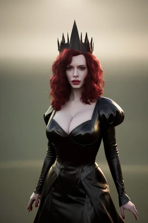 Christina Hendricks as evil queen in black leather gown, cleavage, angry, unreal 5, octane render,cinema4d, dynamic lighting, dramatic lighting, 4k, redshift render, highly detailed, hyper realistic