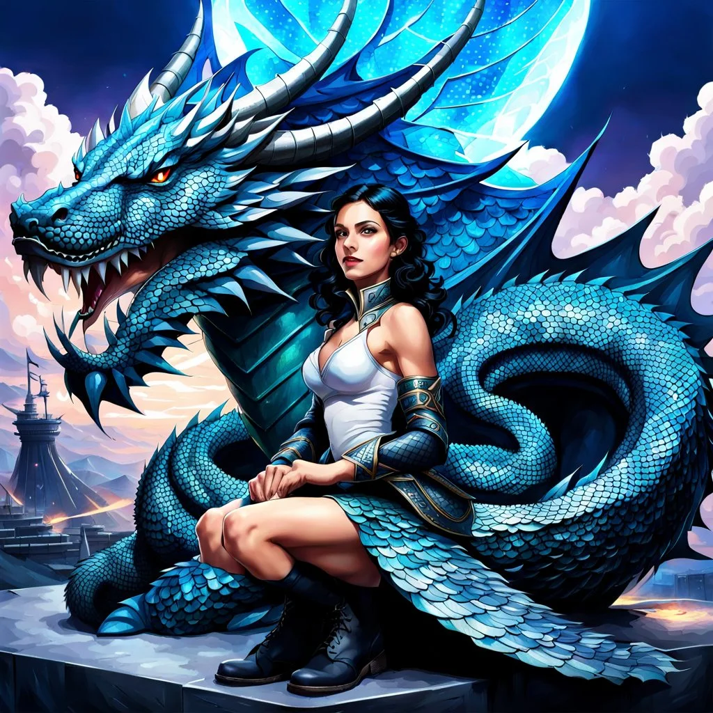 A girl with dragon scales sits on the lap of a destroyer of worlds