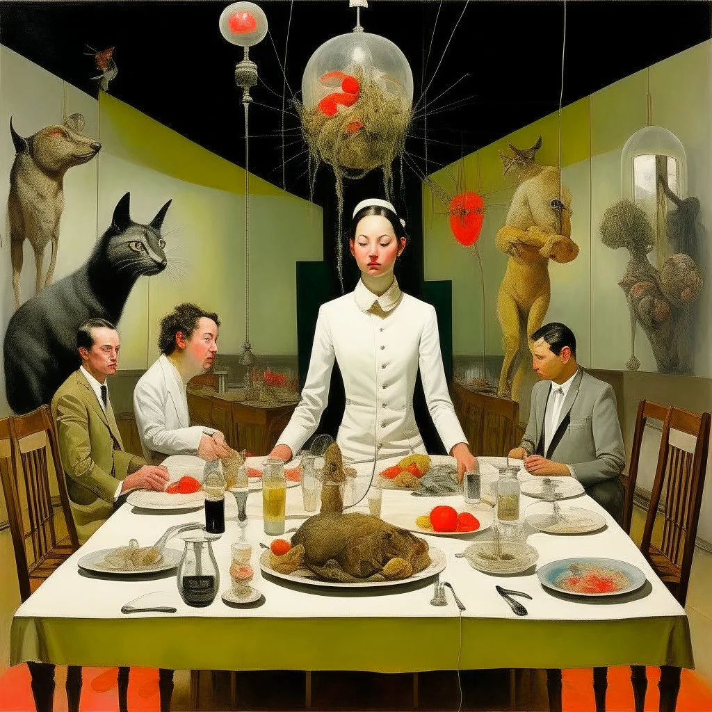 UN conference.a cat and human flesh-like surgical instruments and universe-like a pigeon and neuralink, surrealism,minimalism,Painting By Adrian Ghenie, Rene Magritte, Salvador Dali, Lucian Freud