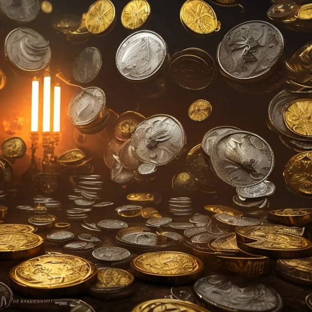 dynamic lighting, Intricately detailed, Splash screen art, deep color, Unreal Engine, volumetric lighting, silver coins, gold coins, silver treasure, stacked coins, indoors, altar, black table, sigil, shiny, steampunk, steam punk,