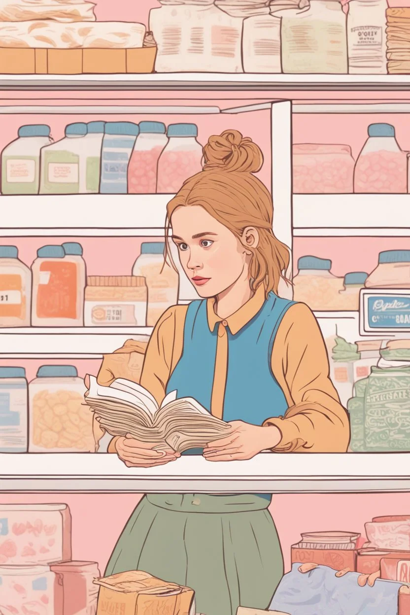 In the music video, a 23-year-old woman with brown/blonde hair and bright blue eyes. she has a messy bun. Standing in the freezer section of a supermarket. Reading a book. you can see it is cold. Wes anderson style. She is sitting in a cosy sofa with a small table next to her and a lamp. People are shopping near her. The freezers are behind her. There is only one book. You can see the shoppers next to her. The colors are green and orange. It is a happy vibe. she stands in between the products.